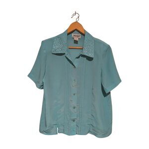 Vtg Anthony Richards Blouse Women's 12 Seafoam Button Up S/S Top Emb Pleats